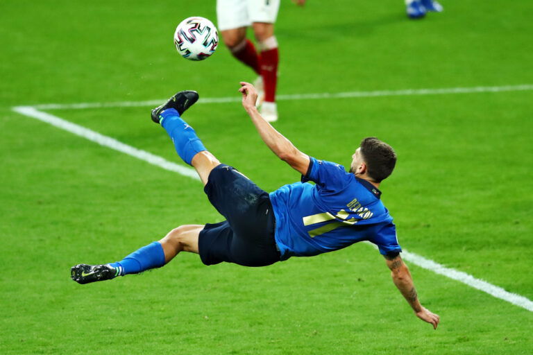 LONDON, ENGLAND - JUNE 26: Domenico Berardi of Italy attempts a shot during the UEFA Euro 2020 Championship Round of 16 match between Italy and Austria at Wembley Stadium at Wembley Stadium on June 26, 2021 in London, England.