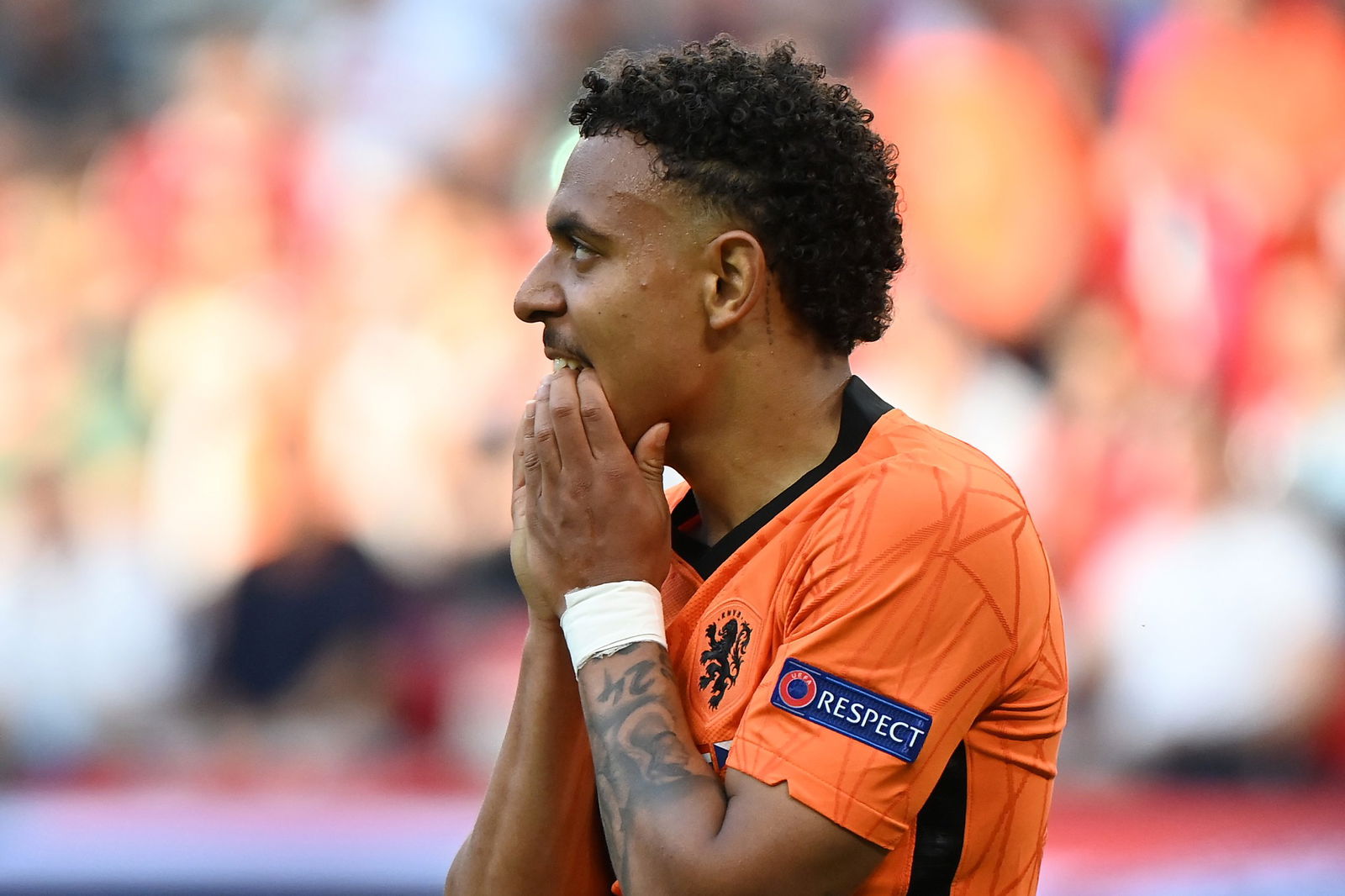 BUDAPEST, HUNGARY - JUNE 27: Donyell Malen of Netherlands reacts during the UEFA Euro 2020 Championship Round of 16 match between Netherlands and Czech Republic at Puskas Arena on June 27, 2021 in Budapest, Hungary.