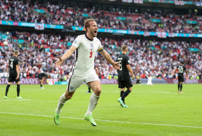LONDON, ENGLAND - JUNE 29: Harry Kane of England celebrates after scoring their side's second goal during the UEFA Euro 2020 Championship Round of 16 match between England and Germany at Wembley Stadium on June 29, 2021 in London, England.