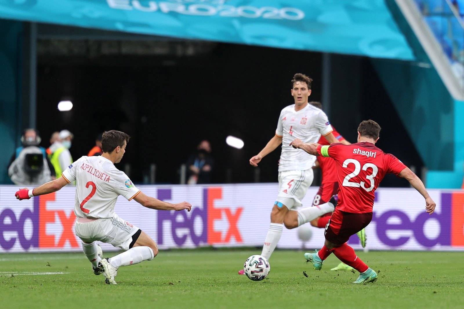 SAINT PETERSBURG, RUSSIA - JULY 02: Xherdan Shaqiri of Switzerland scores their side's first goal during the UEFA Euro 2020 Championship Quarter-final match between Switzerland and Spain at Saint Petersburg Stadium on July 02, 2021 in Saint Petersburg, Russia.