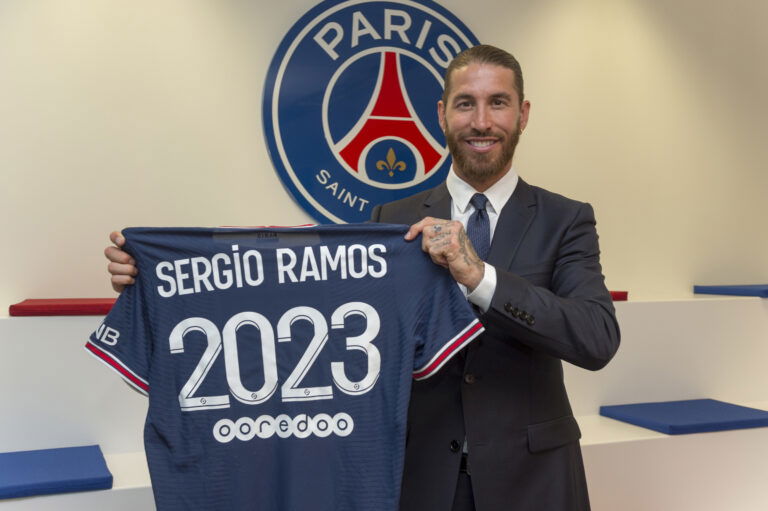 BOULOGNE-BILLANCOURT, FRANCE - JULY 08: Sergio Ramos sign a 2 year contract with Paris Saint-Germain on July 08, 2021 in Boulogne-Billancourt, France.