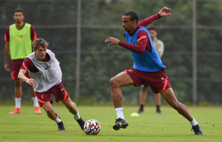 UNSPECIFIED, AUSTRIA - JULY 16: Joel Matip of Liverpool and Leighton Clarkson of Liverpool during a training session on July 16, 2021 in UNSPECIFIED, Austria. (Photo by John Powell/Liverpool FC via Getty Images)