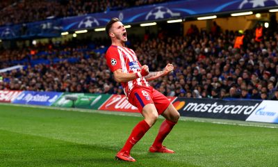LONDON, ENGLAND - DECEMBER 05: Saul Niguez of Atletico Madrid celebrates after scoring his sides first goal during the UEFA Champions League group C match between Chelsea FC and Atletico Madrid at Stamford Bridge on December 5, 2017 in London, United Kingdom.