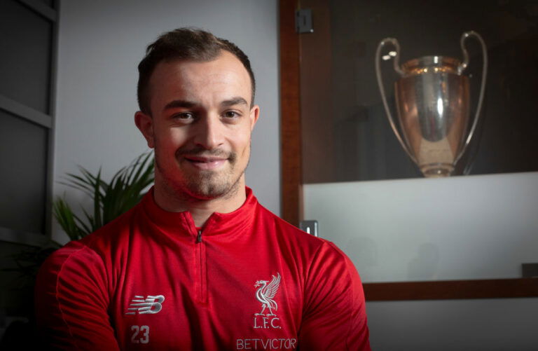 Liverpool footballer Xherdan Shaqiri, pictured at the club's Melwood training centre. The Swiss international player was transferred from Stoke City to Liverpool prior to the 2018-19 season. Born in Kosovo in 1991, he has represented Switzerland at three FIFA World Cups as well as being a Champions League `winner with Germany's Bayern Munich.