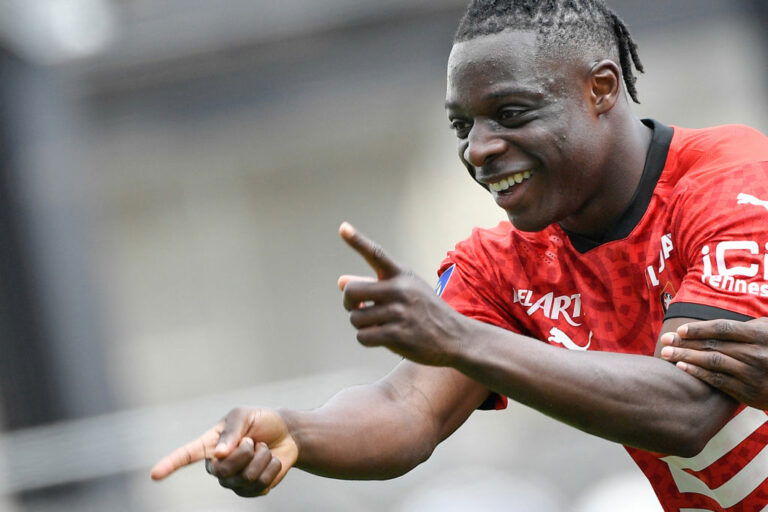 Rennes' Belgian forward Jeremy Doku celebrates after scoring during the French L1 football match between SCO Angers and SRFC Rennes at the Raymond Kopa Stadium in Angers, western France, on April 17, 2021. (Photo by LOIC VENANCE / AFP) (Photo by LOIC VENANCE/AFP via Getty Images)