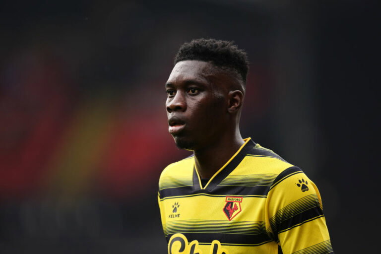 WATFORD, ENGLAND - JULY 24: Ismaila Sarr of Watford during the Pre-Season Friendly between Watford and West Bromwich Albion at Vicarage Road on July 24, 2021 in Watford, England. (Photo by Matthew Ashton - AMA/Getty Images)
