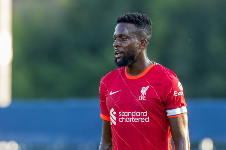 GROEDIG, AUSTRIA - JULY 23: (BILD ZEITUNG OUT) Divock Origi of Liverpool FC looks on during the Pre-Season Friendly Match between FC Liverpool and 1. FC Mainz 05 at DAS.GOLDBERG Stadion on July 23, 2021 in Groedig, Austria. (Photo by Roland Krivec/DeFodi Images via Getty Images)