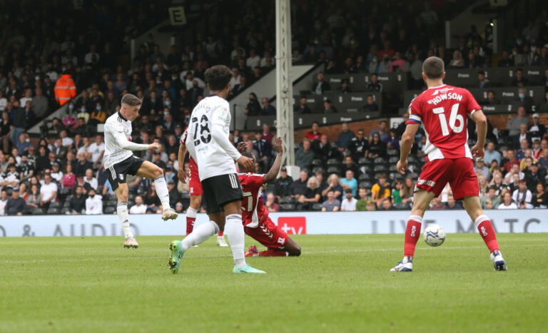 LONDON, ENGLAND - AUGUST 08: Fulham's Harry Wilson scores his side's first goal during the Sky Bet Championship match between Fulham and Middlesbrough at Craven Cottage on August 8, 2021 in London, England. (Photo by Rob Newell - CameraSport via Getty Images)