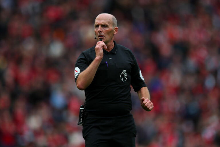 LIVERPOOL, ENGLAND - AUGUST 08: English Referee Mike Dean during the Pre-Season Friendly fixture between Liverpool and Athletic Club at Anfield on August 8, 2021 in Liverpool, England. (Photo by Robbie Jay Barratt - AMA/Getty Images)