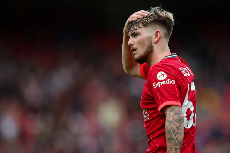 LIVERPOOL, ENGLAND - AUGUST 08: Harvey Elliott of Liverpool during the Pre-Season Friendly fixture between Liverpool and Athletic Club at Anfield on August 8, 2021 in Liverpool, England. (Photo by Robbie Jay Barratt - AMA/Getty Images)