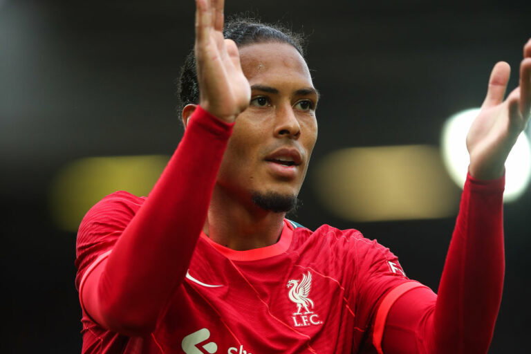 LIVERPOOL, ENGLAND - AUGUST 08: Virgil Van Dijk of Liverpool during the Pre-Season Friendly fixture between Liverpool and Athletic Club at Anfield on August 8, 2021 in Liverpool, England. (Photo by Robbie Jay Barratt - AMA/Getty Images)