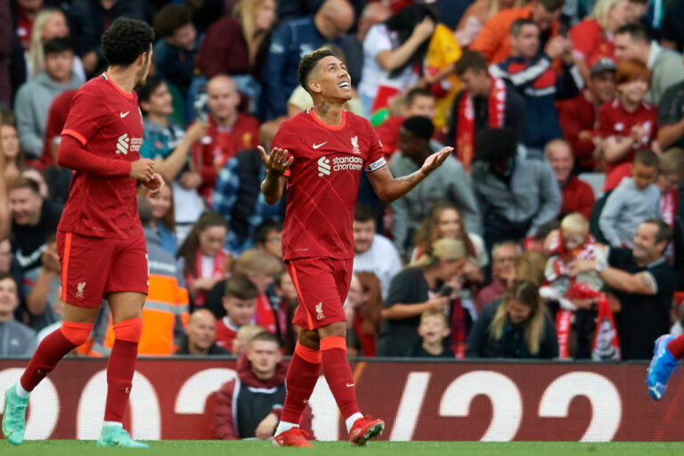 Roberto Firmino of Liverpool after scoring his sides first goal during the pre-season friendly match between Liverpool FC and CA Osasuna at Anfield on August 9, 2021 in Liverpool, England. (Photo by Jose Breton/Pics Action/NurPhoto via Getty Images)