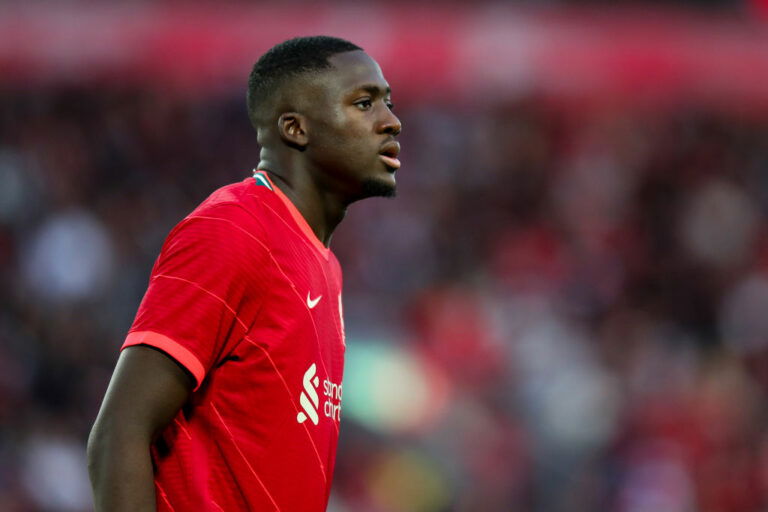 LIVERPOOL, ENGLAND - AUGUST 09: Ibrahima Konate of Liverpool during the Pre-Season Friendly fixture between Liverpool and Osasuna at Anfield on August 9, 2021 in Liverpool, England. (Photo by Robbie Jay Barratt - AMA/Getty Images)