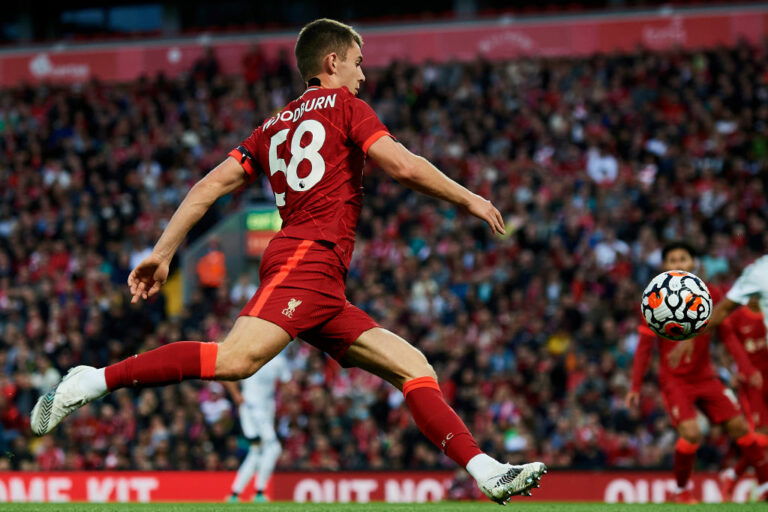 Ben Woodburn of Liverpool shooting to goal during the pre-season friendly match between Liverpool FC and CA Osasuna at Anfield on August 9, 2021 in Liverpool, England. (Photo by Jose Breton/Pics Action/NurPhoto via Getty Images)
