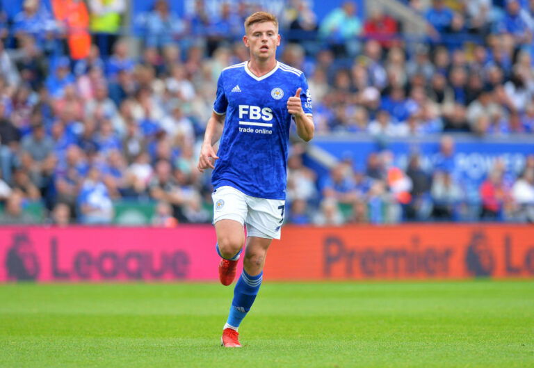 LEICESTER, ENGLAND - AUGUST 14: Harvey Barnes of Leicester City during the Premier League match between Leicester City and Wolverhampton Wanderers at The King Power Stadium on August 14, 2021 in Leicester, England. (Photo by Plumb Images/Leicester City FC via Getty Images)