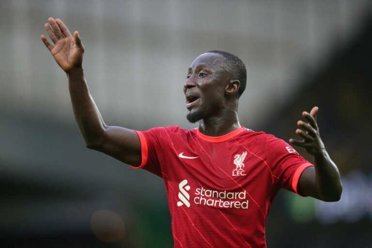 NORWICH, ENGLAND - AUGUST 14: Naby Keita of Liverpool during the Premier League match between Norwich City and Liverpool at Carrow Road on August 14, 2021 in Norwich, England. (Photo by Mark Leech/Offside/Offside via Getty Images)