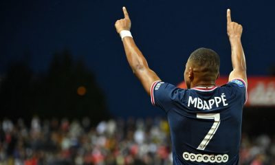 Paris Saint-Germain's French forward Kylian Mbappe celebrates after scoring a goal during the French L1 football match between Stade Brestois and Paris Saint-Germain at Francis-Le Ble Stadium in Brest on August 20, 2021. (Photo by LOIC VENANCE / AFP) (Photo by LOIC VENANCE/AFP via Getty Images)