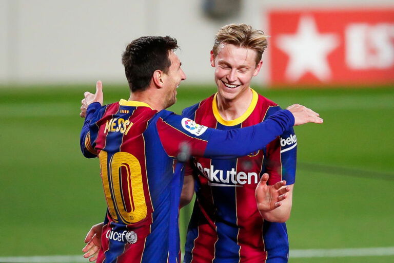 BARCELONA, SPAIN - APRIL 22: Lionel Messi of FC Barcelona celebrates scoring his side's 2nd goal with Frenkie De Jong of FC Barcelona during the La Liga Santander match between FC Barcelona and Getafe CF at Camp Nou on April 22, 2021 in Barcelona, Spain. Sporting stadiums around the UK remain under strict restrictions due to the Coronavirus Pandemic as Government social distancing laws prohibit fans inside venues resulting in games being played behind closed doors. (Photo by Eric Alonso/Getty Images)