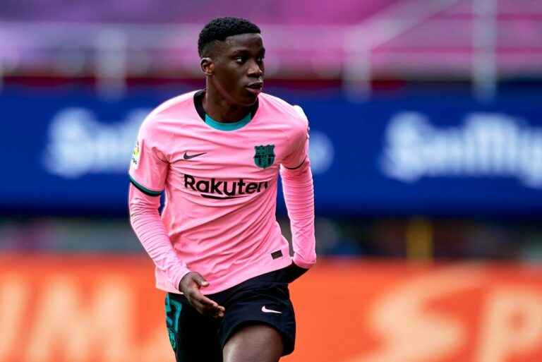 EIBAR, SPAIN - MAY 22: Ilaix Moriba of Barcelona looks on during the La Liga Santander match between SD Eibar and FC Barcelona at Estadio Municipal de Ipurua on May 22, 2021 in Eibar, Spain. Sporting stadiums around Spain remain under strict restrictions due to the Coronavirus Pandemic as Government social distancing laws prohibit fans inside venues resulting in games being played behind closed doors (Photo by Cristian Trujillo/Quality Sport Images/Getty Images)