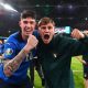 LONDON, ENGLAND - JULY 11: Alessandro Bastoni of Italy and Nicolo Barella of Italy celebrate following their team's victory in the UEFA Euro 2020 Championship Final between Italy and England at Wembley Stadium on July 11, 2021 in London, England. (Photo by Claudio Villa/Getty Images)