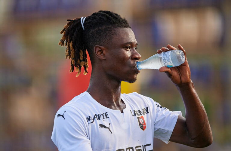 MURCIA, SPAIN - JULY 24: Eduardo Camavinga of Stade Rennais drinks water after a Pre-Season friendly match between Levante UD and Stade Rennais at Pinatar Arena on July 24, 2021 in Murcia, Spain. (Photo by Silvestre Szpylma/Quality Sport Images/Getty Images)