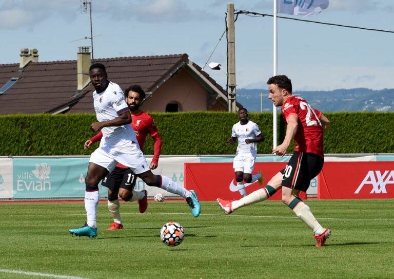 EVIAN-LES-BAINS, FRANCE - AUGUST 05: (THE SUN OUT, THE SUN ON SUNDAY OUT) Diogo Jota of Liverpool scoring the opening goal during the Pre Season match between Liverpool and Bologna on August 05, 2021 in Evian-les-Bains, France. (Photo by John Powell/Liverpool FC via Getty Images)