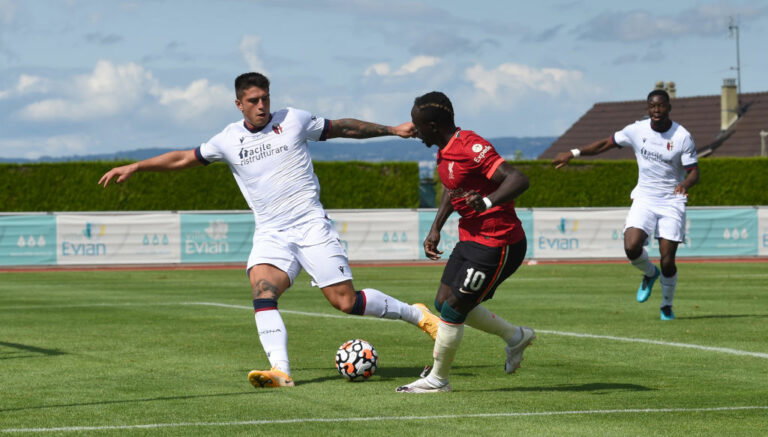 EVIAN-LES-BAINS, FRANCE - AUGUST 05: (THE SUN OUT, THE SUN ON SUNDAY OUT) Sadio Mane of Liverpool scoring the second goal making the score 2-0 during the Pre Season match between Liverpool and Bologna on August 05, 2021 in Evian-les-Bains, France. (Photo by John Powell/Liverpool FC via Getty Images)
