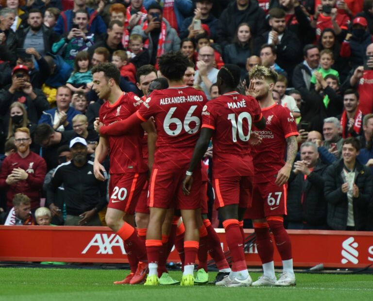 LIVERPOOL, ENGLAND - AUGUST 08: (THE SUN OUT,THE SUN ON SUNDAY OUT) Diogo Jota of Liverpool celebrates after scoring the first goal at Anfield on August 08, 2021 in Liverpool, England. (Photo by Nick Taylor/Liverpool FC/Liverpool FC via Getty Images)