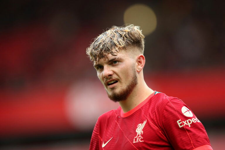 LIVERPOOL, ENGLAND - AUGUST 08: Harvey Elliott of Liverpool in action during the pre-season friendly match between Liverpool and Athletic Club at Anfield on August 08, 2021 in Liverpool, England. (Photo by Jan Kruger/Getty Images,)