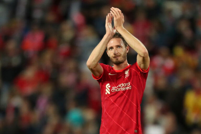LIVERPOOL, ENGLAND - AUGUST 09: Ben Davies of Liverpool applauds the fans following victory in the Pre-Season Friendly match between Liverpool and Osasuna at Anfield on August 09, 2021 in Liverpool, England. (Photo by Lewis Storey/Getty Images)
