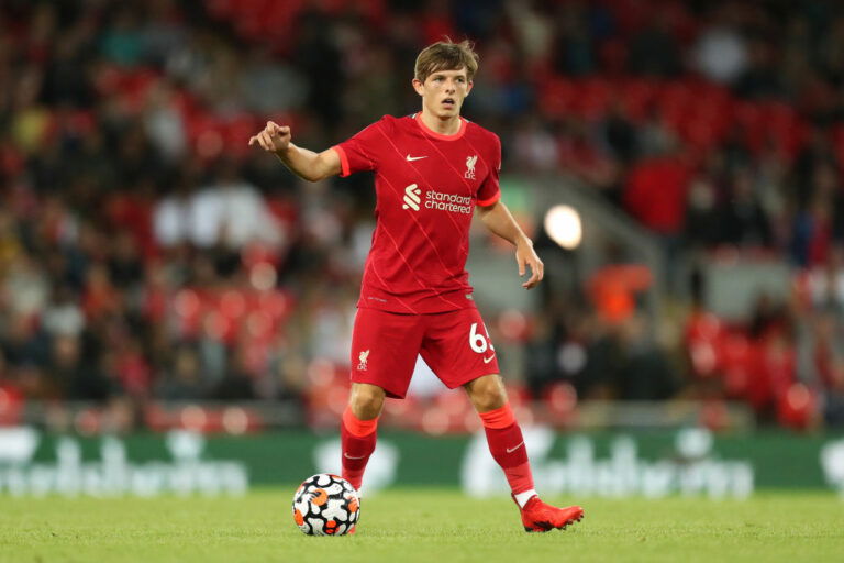 LIVERPOOL, ENGLAND - AUGUST 09: Leighton Clarkson of Liverpool in possession during the Pre-Season Friendly match between Liverpool and Osasuna at Anfield on August 09, 2021 in Liverpool, England. (Photo by Lewis Storey/Getty Images)