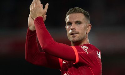 LIVERPOOL, ENGLAND - AUGUST 09: Jordan Henderson of Liverpool applauds the fans after the pre season friendly between Liverpool and CA Osasuna at Anfield on August 9, 2021 in Liverpool, England. (Photo by Visionhaus/Getty Images)