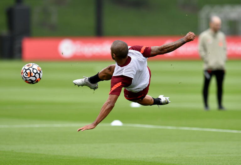 KIRKBY, ENGLAND - AUGUST 11: (THE SUN OUT, THE SUN ON SUNDAY OUT) Thiago Alcantara of Liverpool during a training session at AXA Training Centre on August 11, 2021 in Kirkby, England. (Photo by Andrew Powell/Liverpool FC via Getty Images)