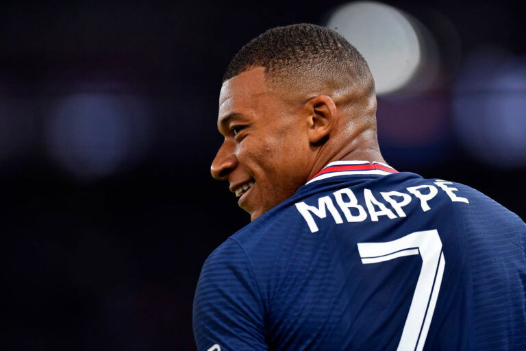PARIS, FRANCE - AUGUST 14: Kylian Mbappe of Paris Saint-Germain looks on during the Ligue 1 Uber Eats match between Paris Saint Germain and Strasbourg at Parc des Princes on August 14, 2021 in Paris, France. (Photo by Aurelien Meunier - PSG/PSG via Getty Images)