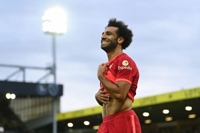 NORWICH, ENGLAND - AUGUST 14: Mohamed Salah of Liverpool reacts during the Premier League match between Norwich City and Liverpool at Carrow Road on August 14, 2021 in Norwich, England. (Photo by Shaun Botterill/Getty Images)