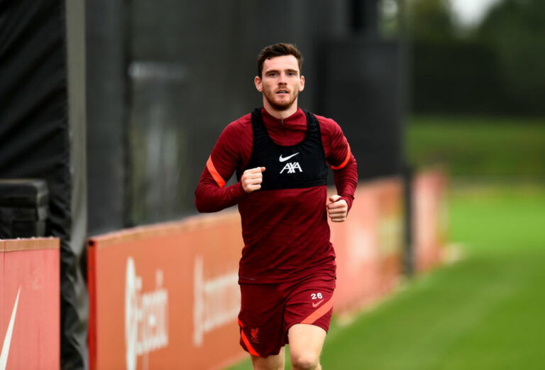 KIRKBY, ENGLAND - AUGUST 17: (THE SUN OUT, THE SUN ON SUNDAY OUT) Andy Robertson of Liverpool during a training session at AXA Training Centre on August 17, 2021 in Kirkby, England. (Photo by Andrew Powell/Liverpool FC via Getty Images)