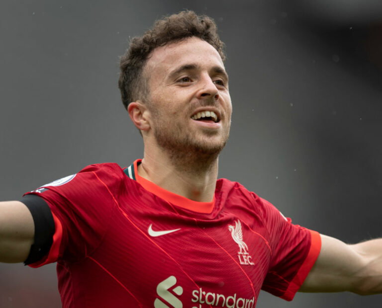 LIVERPOOL, ENGLAND - AUGUST 21: Diogo Jota of Liverpool celebrates scoring during the Premier League match between Liverpool and Burnley at Anfield on August 21, 2021 in Liverpool, England. (Photo by Visionhaus/Getty Images)
