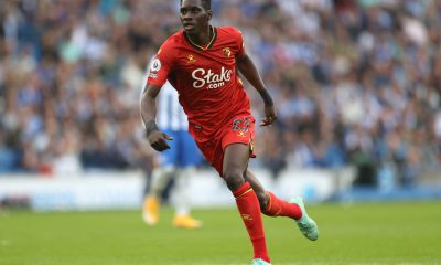 BRIGHTON, ENGLAND - AUGUST 21: Ismaila Sarr of Watford in action during the Premier League match between Brighton & Hove Albion and Watford at American Express Community Stadium on August 21, 2021 in Brighton, England. (Photo by Eddie Keogh/Getty Images)
