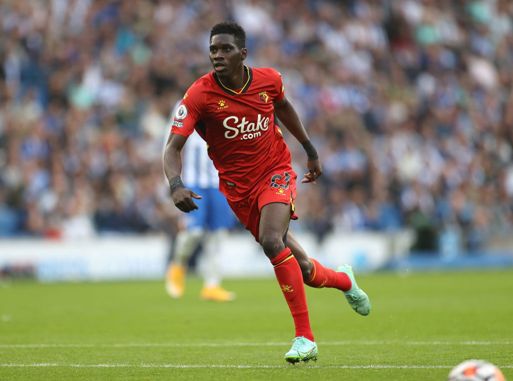 BRIGHTON, ENGLAND - AUGUST 21: Ismaila Sarr of Watford in action during the Premier League match between Brighton & Hove Albion and Watford at American Express Community Stadium on August 21, 2021 in Brighton, England. (Photo by Eddie Keogh/Getty Images)