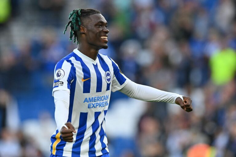 Brighton's Ivorian midfielder Yves Bissouma celebrates after the English Premier League football match between Brighton and Hove Albion and Watford at the American Express Community Stadium in Brighton, southern England on August 21, 2021. (Photo by GLYN KIRK/AFP via Getty Images)