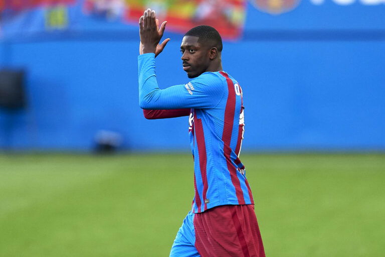 BARCELONA, SPAIN - AUGUST 08: Ousmane Dembele of FC Barcelona waves the fans prior to the Joan Gamper Trophy match between FC Barcelona and Juventus at Estadi Johan Cruyff on August 08, 2021 in Barcelona, Spain. (Photo by Pedro Salado/Quality Sport Images/Getty Images)