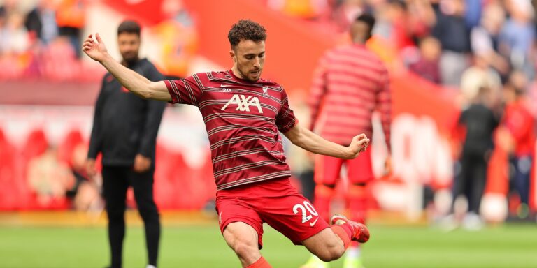 LIVERPOOL, ENGLAND - SEPTEMBER 18: Diogo Jota of Liverpool warms up prior to the Premier League match between Liverpool and Crystal Palace at Anfield on September 18, 2021 in Liverpool, England. (Photo by Clive Brunskill/Getty Images)