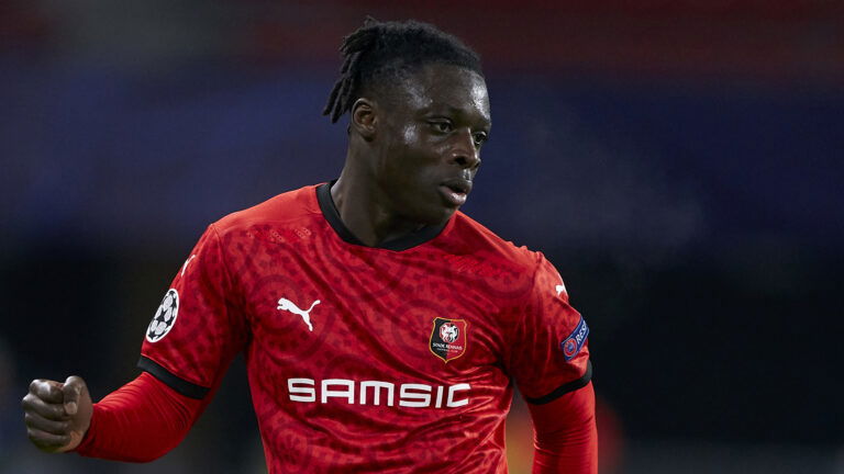 RENNES, FRANCE - DECEMBER 08: Jeremy Doku of Stade Rennais in action during the UEFA Champions League Group E stage match between Stade Rennais and Sevilla FC at Roazhon Park on December 08, 2020 in Rennes, France. (Photo by Mateo Villalba/Quality Sport Images/Getty Images)