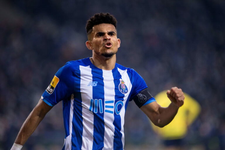PORTO, PORTUGAL - JANUARY 23: Luis Diaz of FC Porto celebrates after scoring his team's second goal during the Liga Portugal Bwin match between FC Porto and FC Famalicao at Estadio do Dragao on January 23, 2022 in Porto, Portugal. (Photo by Diogo Cardoso/DeFodi Images via Getty Images)