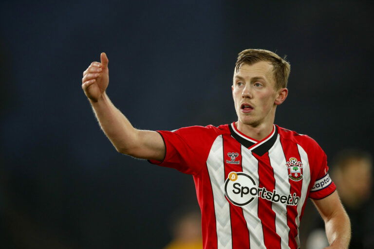 WOLVERHAMPTON, ENGLAND - JANUARY 15: James Ward-Prowse of Southampton reacts during the Premier League match between Wolverhampton Wanderers and Southampton at Molineux on January 15, 2022 in Wolverhampton, England. (Photo by Malcolm Couzens/Getty Images)
