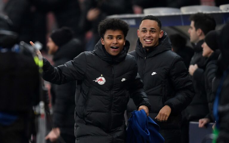 SALZBURG, AUSTRIA - DECEMBER 08: Karim Adeyemi (L) and Noah Okafor of Red Bull Salzburg celebrate after victory in the UEFA Champions League group G match between FC Red Bull Salzburg and Sevilla FC at Stadion Salzburg on December 08, 2021 in Salzburg, Austria. (Photo by Andreas Schaad/Getty Images)