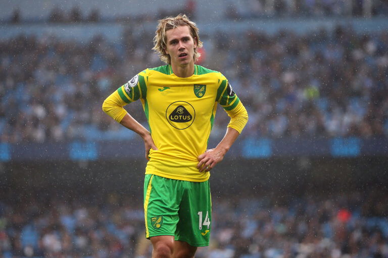 Todd Cantwell of Norwich during the Premier League match at the Etihad Stadium, Manchester Picture by Paul Chesterton/Focus Images Ltd +44 7904 640267 21/08/2021
