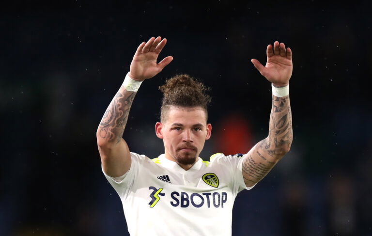 LEEDS, ENGLAND - NOVEMBER 30: Kalvin Phillips of Leeds United acknowledges the fans following victory in the Premier League match between Leeds United and Crystal Palace at Elland Road on November 30, 2021 in Leeds, England. (Photo by George Wood/Getty Images)