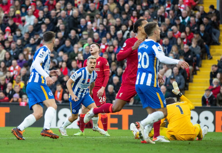 LIVERPOOL, ENGLAND - Saturday, October 30, 2021: Brighton & Hove Albion's Leandro Trossard celebrates after scoring the second goal to equalise the score at 2-2 during the FA Premier League match between Liverpool FC and Brighton & Hove Albion FC at Anfield. (Pic by David Rawcliffe/Propaganda)