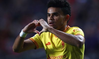 Soccer Football - Champions League - Quarter Final - First Leg - Benfica v Liverpool - Estadio da Luz, Lisbon, Portugal - April 5, 2022 Liverpool's Luis Diaz celebrates scoring their third goal REUTERS/Pedro Nunes